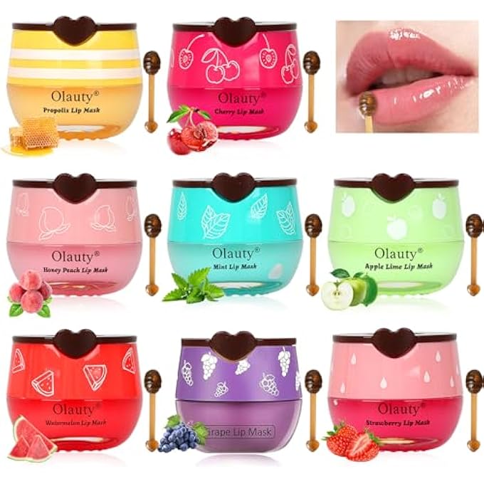 Eakroo 8 PCS BEE LIP BALM HONEY POT - STRAWBERRY, WATERMELON, APPLE LIME, CHERRY, MINT, GRAPES & PEACH FLAVORS HONEY LIP BALM BULK - SLEEPING MASK OVERNIGHT FOR HYDRATING & PREVENTING DRY, CRACKED LIPS - Image 1
